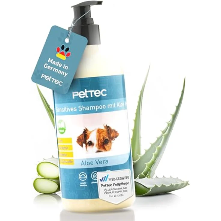 PetTec Hundeshampoo Aloe Vera, 500 ml, ph-neutral, vegan, allergenfrei, für alle Hunde und Katzen, Made in Germany – Bild 1