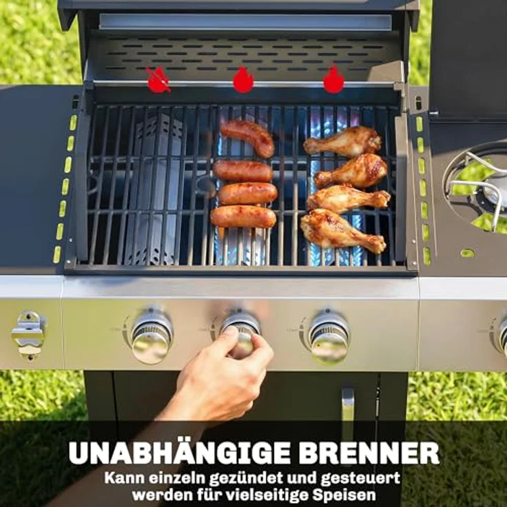 Outsunny Gasgrill 10,5 KW 3+1 Brenner, BBQ Grillwagen aus Edelstahl mit Seitenbrenner, Flaschenöffner, Thermometer, Gusseisen-Grillrost und Warmhalterost, mobil mit Rollen, ideal für Balkon und Partys – Bild 4