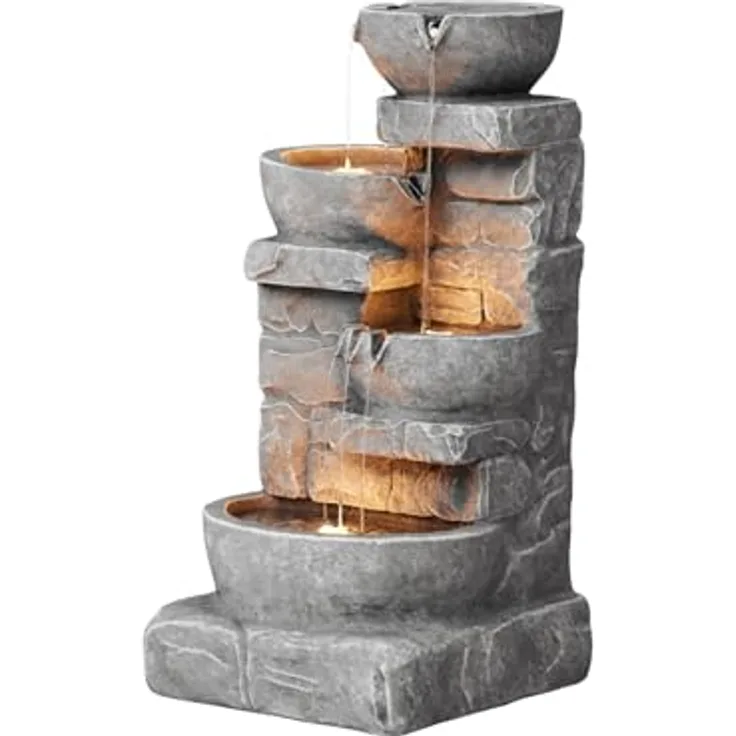 Teamson Home Gartenbrunnen Cascading Bowls, dreistufiges Wasserspiel mit LED-Leuchten, naturgetreue Steinoptik, 39,4 cm L x 38,7 cm B x 84,5 cm H