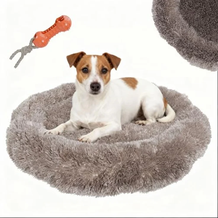 BENNO Hundebett BALU, rund 60x60x16 cm, Donut Kuschelbett mit Polypropylen-Füllung, Cappuccino, maschinenwaschbar, rutschfester Boden, inkl. Kauknochen für Hunde – Bild 1