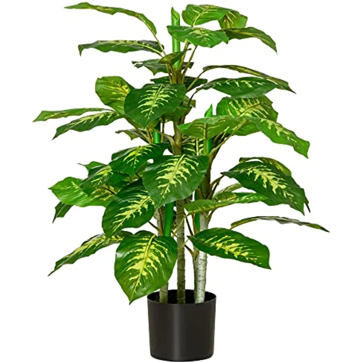 HOMCOM Künstliche Dieffenbachie 95 cm, Kunstpflanze im Zementtopf mit grün-gelben Blättern für Wohnzimmer und Garten – Bild 1