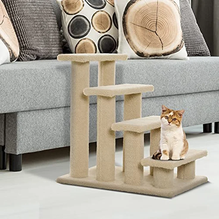 PawHut Tiertreppe Katzentreppe Hundetreppe Treppe für Katze und Hunde 4 Stufen Beige 63,5x43x60cm – Bild 2