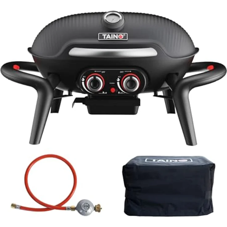 TAINO KENAI Gasgrill Set, Tischgrill mit Abdeckhaube, Gasdruckregler und Thermometer, Aluguss, Schwarz, 73 x 50 x 38 cm – Bild 1