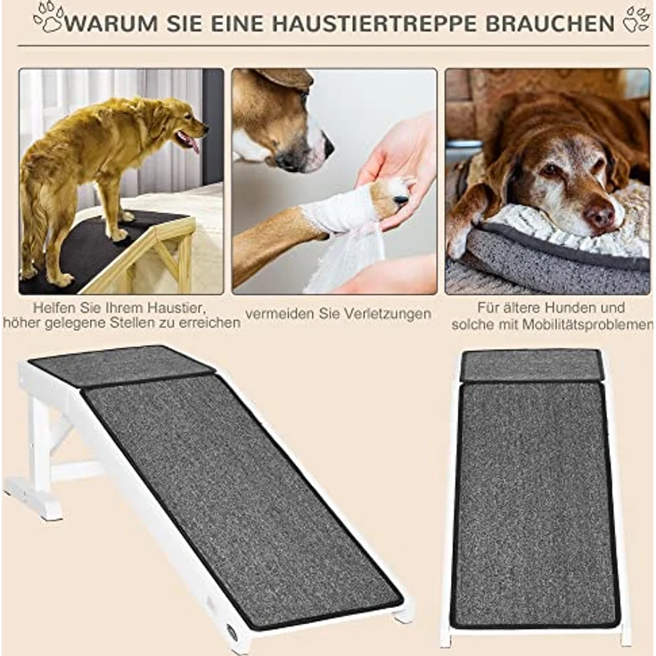 PawHut Haustierrampe mit rutschfestem Teppich Haustierleiter Hunderampe für Hund bis 30 kg Kiefernholz Polyester Weiß+Grau 125 x 40 x 35,5 cm – Bild 4