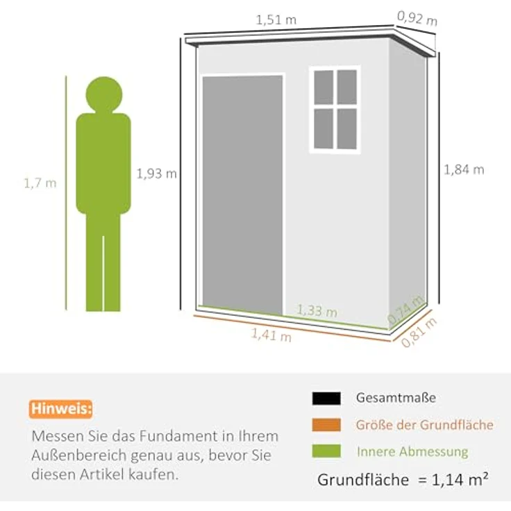 Outsunny Gerätehaus Kunststoff 1,14m², Pultdach mit abschließbarer Tür, wetterfest, grau, 151 x 92 x 193 cm – Bild 3