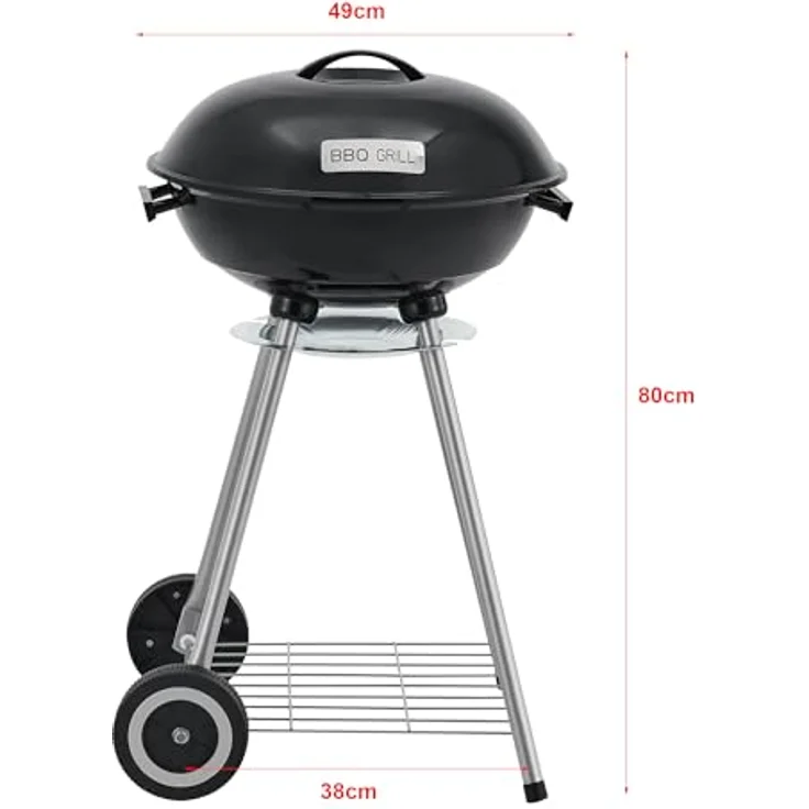 casa.pro Rundgrill Apricena Holzkohlegrill Kugelgrill BBQ Grillrost aus emailliertem Edelstahl Gartengrill 2 Räder abnehmbarer Deckel 80x49x47cm Schwarz – Bild 5
