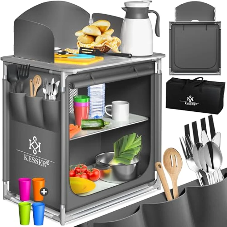 KESSER® Campingküche | Ink. Tragetasche | Campingschrank | mit Aluminiumgestell | Reiseküche | Küchenbox | Zeltschrank | Outdoor Camping Küche | Modelle wählbar Grau – Bild 1