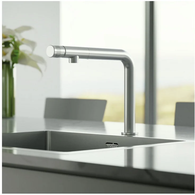 Naber Küchenarmatur Einhebelmischer Linea Turno Solo, edelstahlfinish, Hochdruck, schwenkbar mit Kopfsteuerung