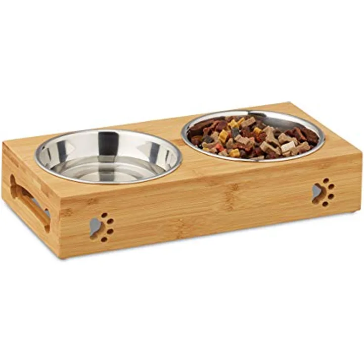 Relaxdays Futterbar für kleine Hunde, 2 Näpfe V je 300 ml, erhöht, Bambus & Edelstahl, HBT: 6,5x31,5x15 cm, Natur/Silber, 1 Stück