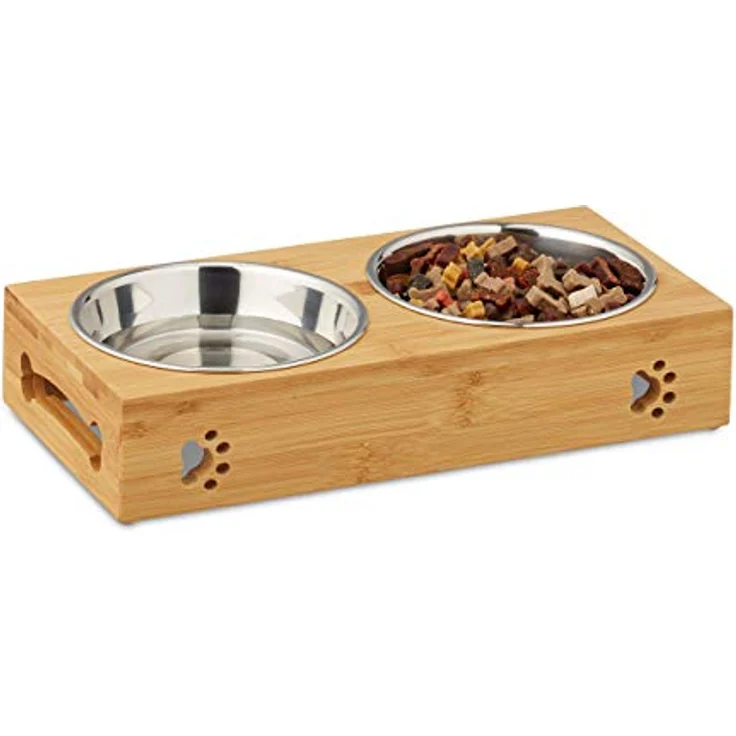 Relaxdays Futterbar für kleine Hunde, 2 Näpfe V je 300 ml, erhöht, Bambus & Edelstahl, HBT: 6,5x31,5x15 cm, Natur/Silber, 1 Stück – Bild 1