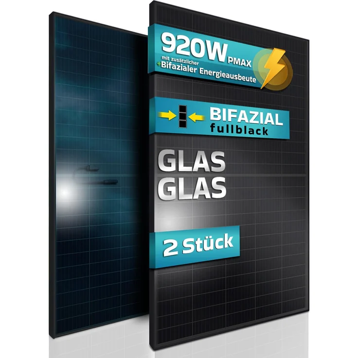 SUNNIVA® 2x 460 W FULL BLACK Bifazial Glas/Glas PV Modul Solarpanel - PMax 920W, monokristallin, für Balkonkraftwerk oder PV Solar
