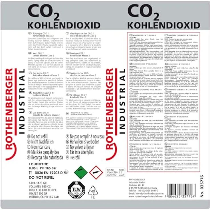 ROTHENBERGER Industrial Kohlendioxid CO2 Schutzgas-Stahl-Einwegflasche, 950 ml, Fülldruck 36 bar, Anschluss M 10 x 1, für MAG-Schweißen – Bild 2