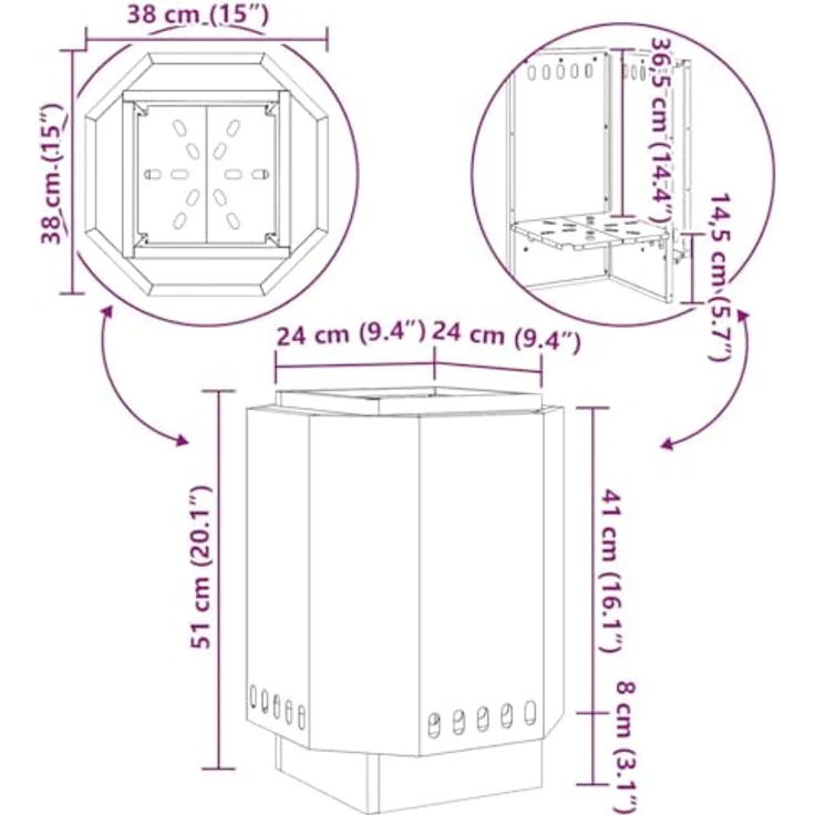 vidaXL Rauchfreier Feuerkorb, Braun 38 x 38 x 51 cm, wetterfester Stahl, moderner Outdoor-Heizer für Garten und Terrasse – Bild 3