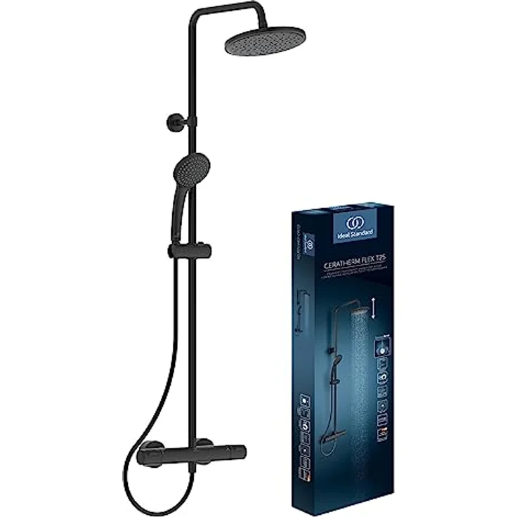 Ideal Standard Ceratherm T25 Duschsystem, Wassersparende Regenbrause mit 1-Funktionshandbrause und Verbrühschutz (CoolBody), Höhenverstellbar, Schwarz Matt – Bild 1
