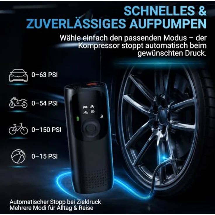 AutoSky AAC-301, Reifenpumpe mit Taschenlampe, Powerbank und 150 PSI Druck – Bild 2