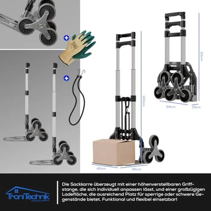 TroniTechnik Sackkarre Transportkarre klappbar, Tragfähigkeit bis 75kg, Treppensackkarre mit rutschfester Fläche, verstellbarem Griff und Spanngummiseil, 45x45x100cm – Bild 2