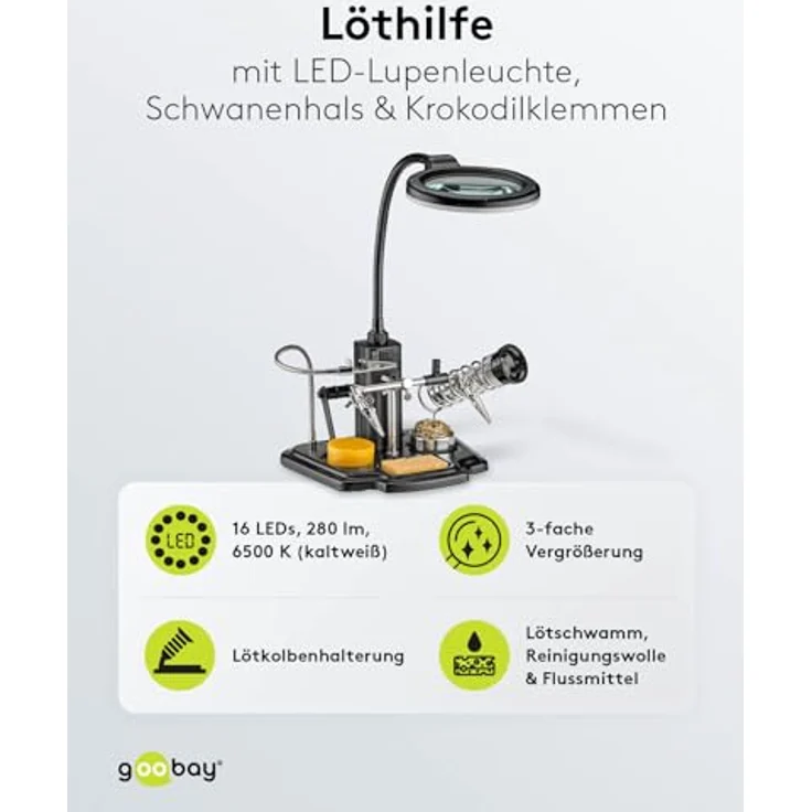 Löthilfe mit Echtglas Lupe, LED Beleuchtung, flexiblem Schwanenhals und Lötkolbenhalterung – Bild 3