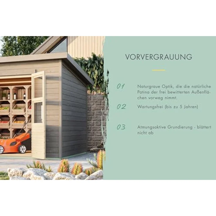 CHILLROI® Karibu Gartenhaus Kano M, 14 mm Wandstärke aus nordischer Fichte, wetterfest, lichtdurchflutet mit Anbaudach – Bild 4
