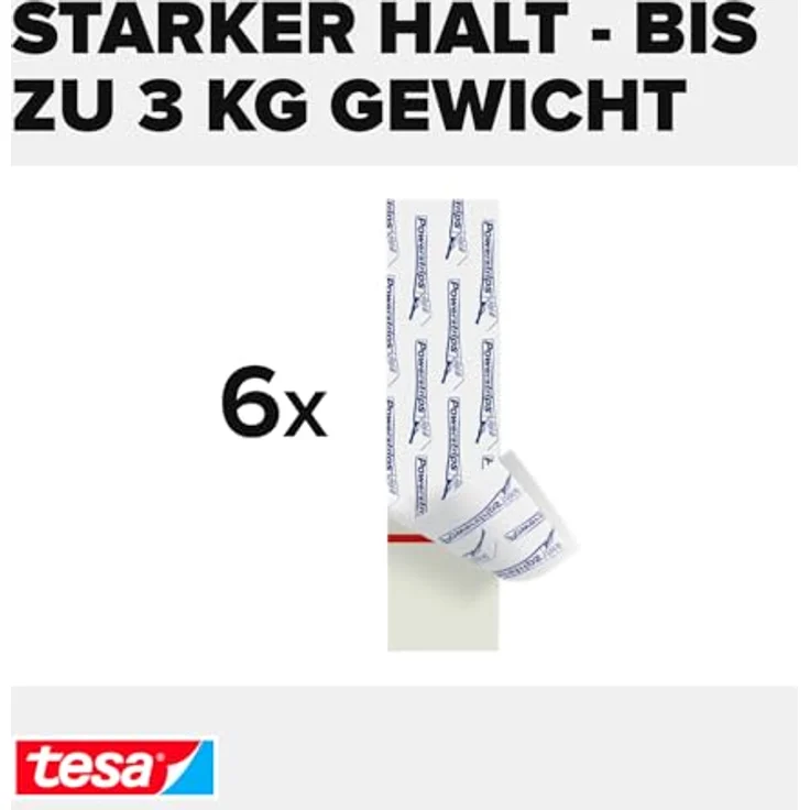 tesa Powerstrips Klebestreifen (für Fliesen und Metall 3 kg, Doppelseitige Streifen für feste, glatte Flächen, bis zu 3 kg Halteleistung pro Streifen) 6 Stück - Preisvergleich – Bild 3