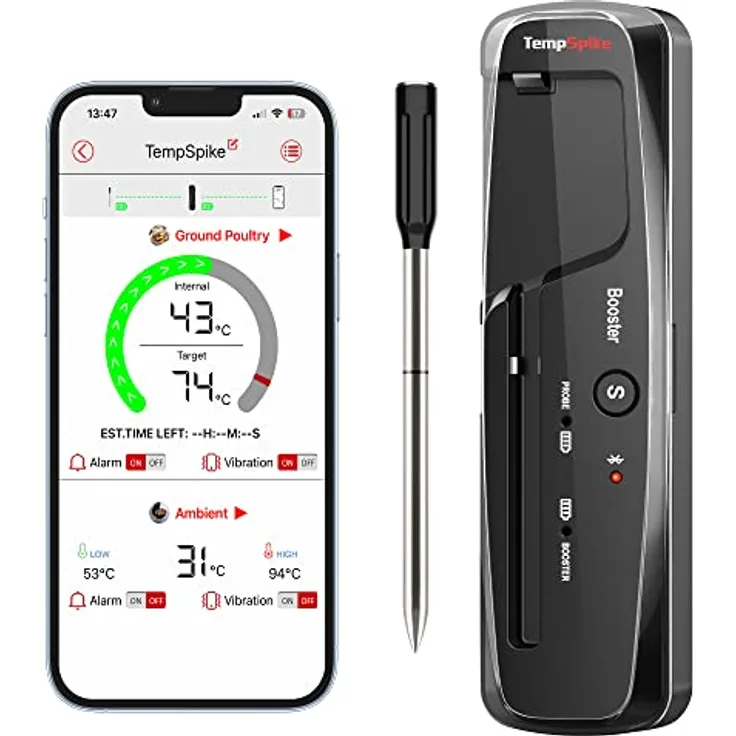 ThermoPro TempSpike TP961, Kabelloses Fleischthermometer mit Bluetooth, IP67, 150m Reichweite, 2 Temperatursensoren, Spülmaschinenfest