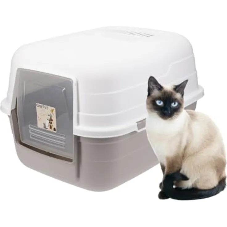 GarPet Katzenklo mit Deckel Aktivkohlefilter grau modernes Design, Katzentoilette mit transparenter Schwingtür