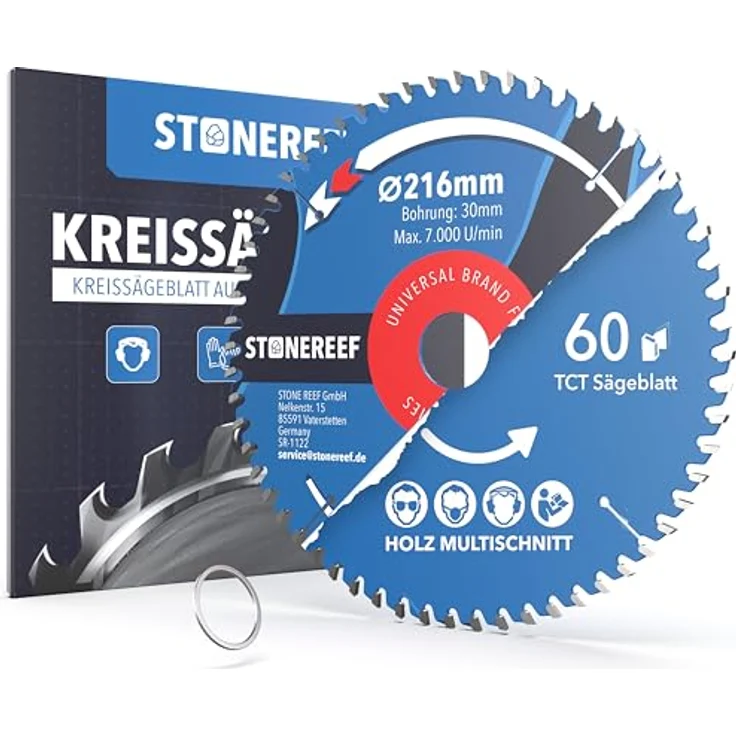 STONE REEF Kreissägeblatt 216 x 30 mm, 60 Zähne für Holz & Kunststoff, Bohrung 30 mm, inkl. Adapterringe 25,4/22/23/20/16 mm, passend für Tisch-, Kapp- & Gehrungssägen – Bild 1