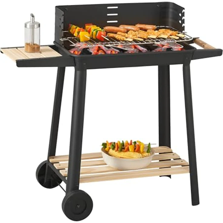 casa.pro Grillwagen Ari Holzkohlegrill BBQ Grillrost aus emailliertem Edelstahl Gartengrill 2 Räder Windschutz mit Grillrosthöhenverstellung 78x86x30cm Schwarz/Holz – Bild 3