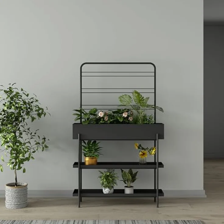casa.pro Outdoor Pflanzenregal Aalsmeer, Pflanzenständer mit Blumenkasten und 2 Ablagen, Metall 154 x 96 x 24 cm, schwarz – Bild 4