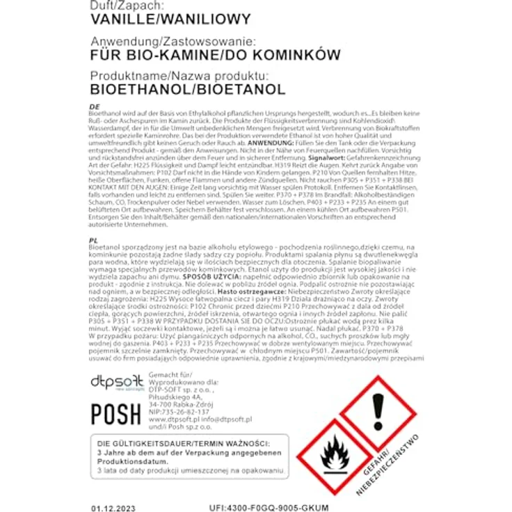 DTP-SOFT 4x5 Liter Bioethanol Premium 100% fürAlkohol für Kamin (VANILLEDUFT, 20L) - Nachhaltige Herstellung, Effiziente Verbrennung, Zertifizierte Sicherheit – Bild 5