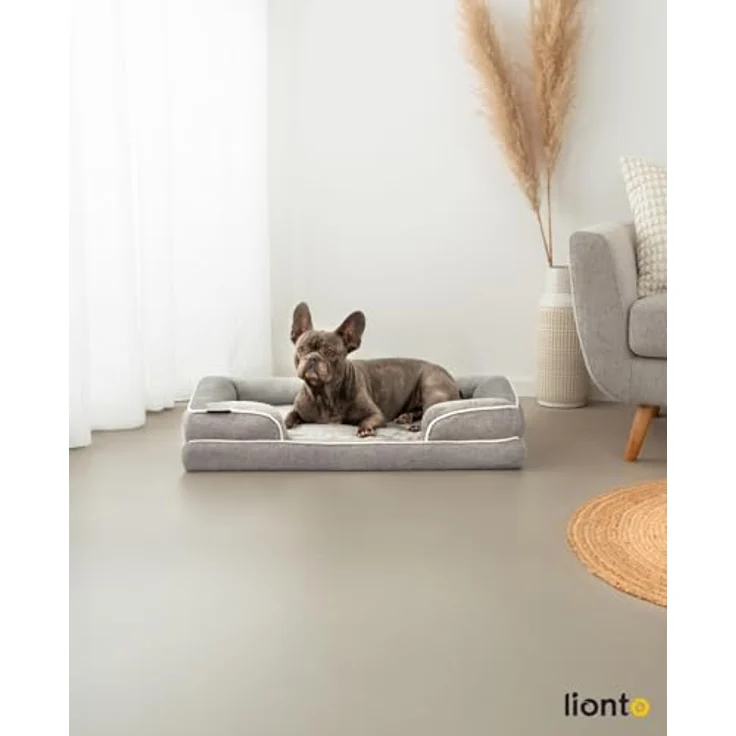 lionto orthopädisches Hundebett mit erhöhtem Rand, 89x63x17 cm, robustes Hundekissen aus weichem Flanell, abnehmbarer & waschbarer Bezug, rutschfest, grau, für kleine & große Hunde + Katzen – Bild 2