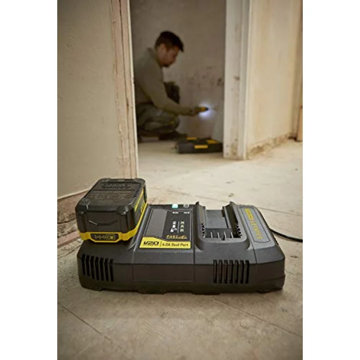STANLEY FATMAX SFMCB24-QW, Zweischacht-Schnell-Ladegerät, 18 Volt, 4 Ampere, für V20 Lithium-Ionen-Akkus, mit USB-Ladeport und LED-Ladezustandsanzeige – Bild 3