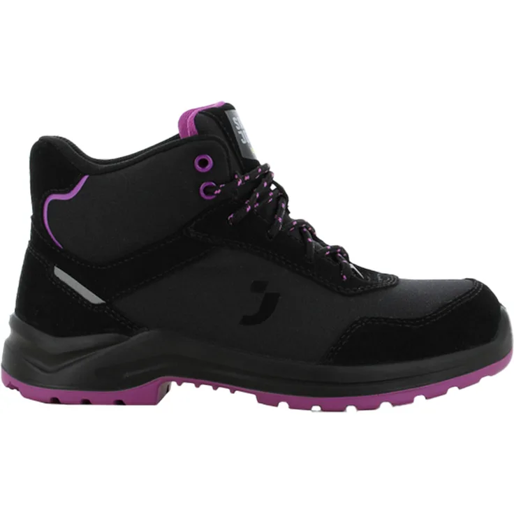 SafetyJogger Botanic S1P, mittelhoher Damen-Sicherheitsschuh aus Leder und Textil, schwarz/lila mit Stahlkappe und durchtrittsicherer Zwischensohle