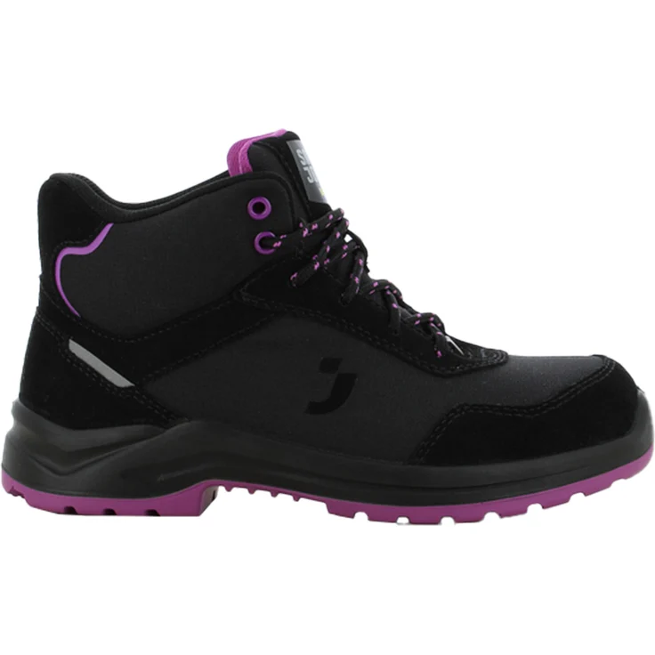SafetyJogger Botanic S1P, mittelhoher Damen-Sicherheitsschuh aus Leder und Textil, schwarz/lila mit Stahlkappe und durchtrittsicherer Zwischensohle