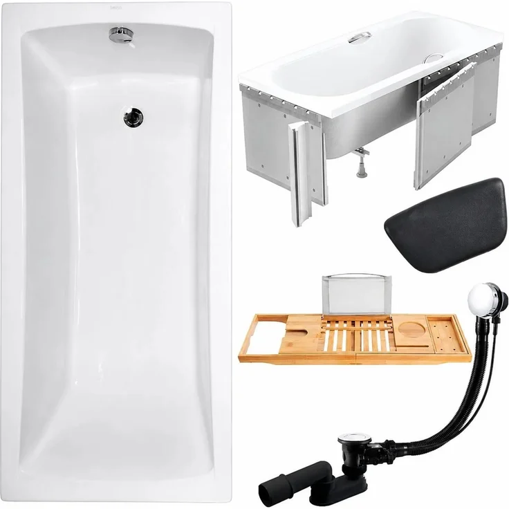 KOLMAN Badewanne OPTIMAZ Rechteck 140 x 70 cm, Acryl mit Styroporverkleidung, inkl. Bambus Badewannenablage, Kopfstütze KODI, Ablauf und Füße, schneeweiß