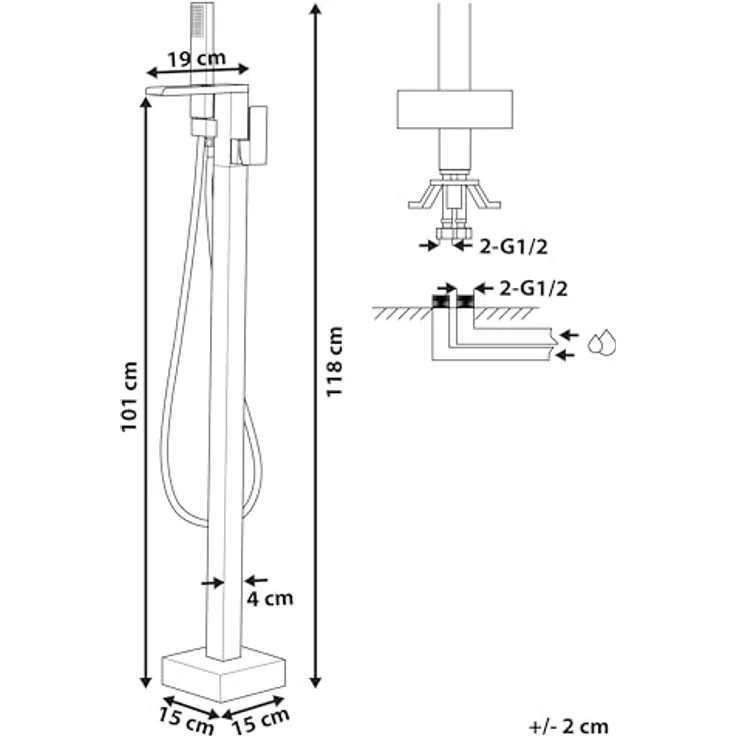 Beliani Badewannenarmatur freistehend, glänzend Gold, Edelstahl mit Einhebelhandmischer und Standhandbrause – Bild 3