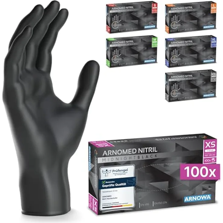 ARNOMED Nitrilhandschuhe Einweg, 100 Stück/Box, schwarze, puderfreie & latexfreie Handschuhe, Gr. XS, S, M, L & XL, reißfest, lebensmittelecht, hautfreundlich
