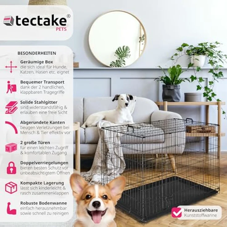 tectake® Hundekäfig, Hundegitter Box, Dog Kennel faltbar mit XXL Türen und abgerundeten Kanten, stabil und einfach zu reinigen - 108 x 71 x 76 cm – Bild 2