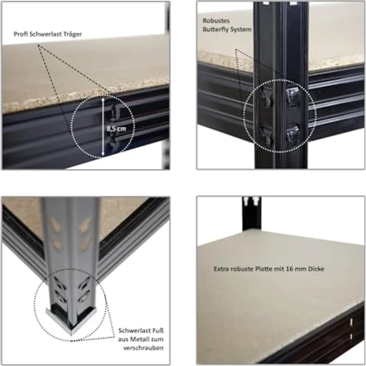 PROREGAL Rhino EXTRA BREIT, Schwerlastregal schwarz mit 500 kg Fachlast, HxBxT 200x200x60cm, 4 höhenverstellbare 16mm Spanplatten-Ebenen, robustes Garagen- und Lagerregal – Bild 5