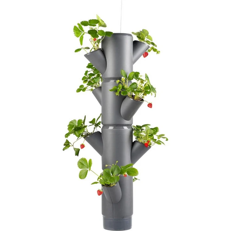 Gusta Garden SISSI STRAWBERRY hanging, vertikales Pflanzsystem für Erdbeeren mit 4 Etagen, inkl. Wasserauslaufschutz & Wasserleitsystem, anthrazit