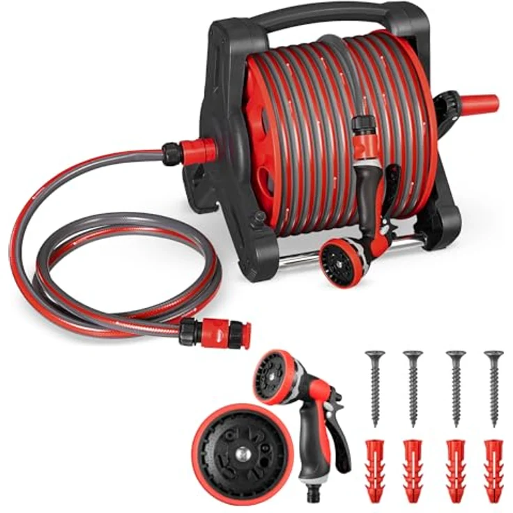 Juskys Schlauchtrommel Basic, 30 m, Multifunktionsbrause, 10 Funktionen, diverse Adapter, rot/grau – Bild 2