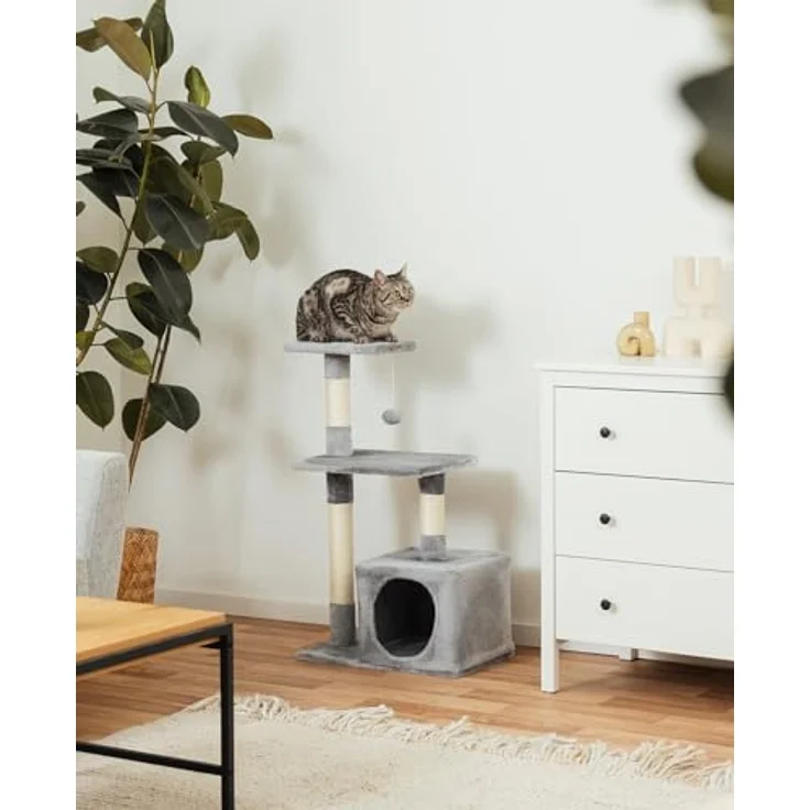lionto Kratzbaum Katzenkratzbaum Höhe 85 cm, hellgrau mit kuscheliger Höhle und robustem Sisal – Bild 3
