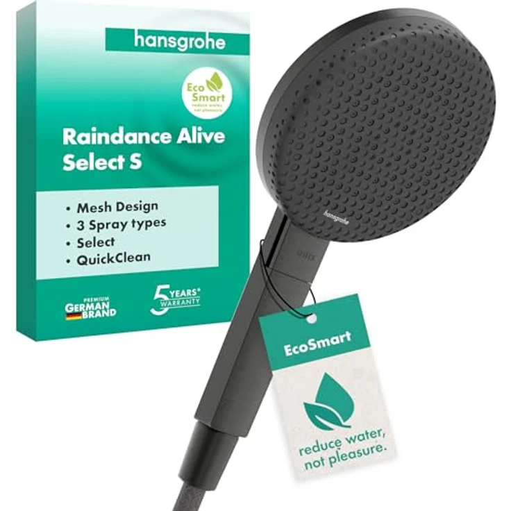 hansgrohe Raindance Alive Select S, Wassersparende Duschbrause mit drei Strahlarten, Antikalk-Funktion, brushed black chrome – Bild 1