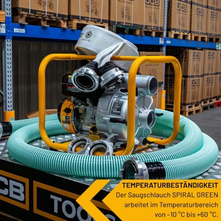 JCB Schmutzwasserpumpe WP80TP24-KPL, 7,5 PS, 224 cm³, 3,6 L Tankvolumen, inkl. 2x Storz 75 mm Kupplungen, gelb-silber-grün – Bild 4