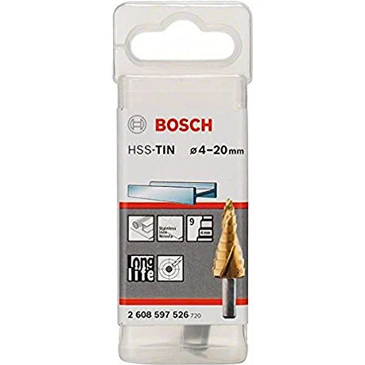 BOSCH HSS-TiN Stufenbohrer, 4-20 mm, 9 Stufen, mit 3-Flächen-Schaft und Kreuzanschliff – Bild 1