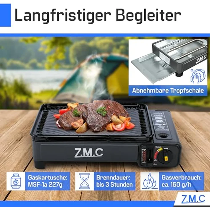 ZMC 2-in-1 Gaskocher + Gasgrill 2,2KW, inkl. Zubehör, Campingkocher mit Grillplatte + Grillrost, Tragekoffer, 3,8kg, Piezo-Zündung ohne Gaskartusche, schwarzes Design – Bild 6