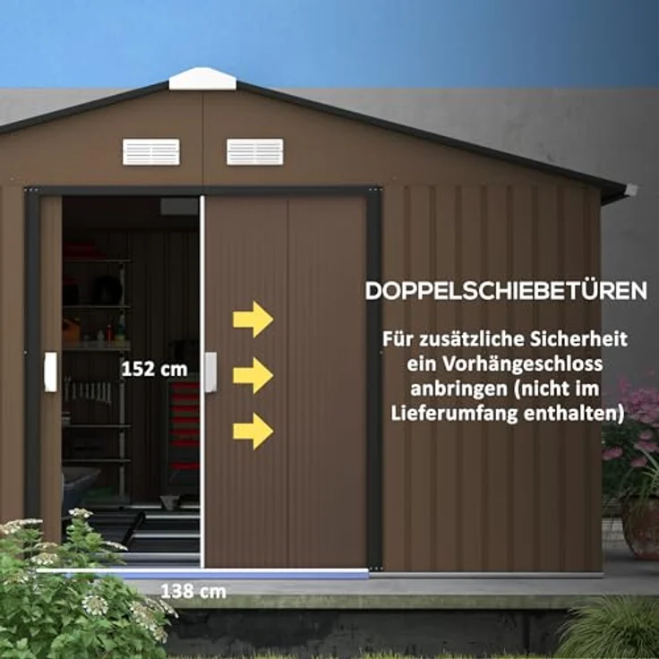 Outsunny Gerätehaus 12,4 m², Gartenhaus mit Pultdach, Schiebetür, Fundament, wetterfest, Braun – Bild 4