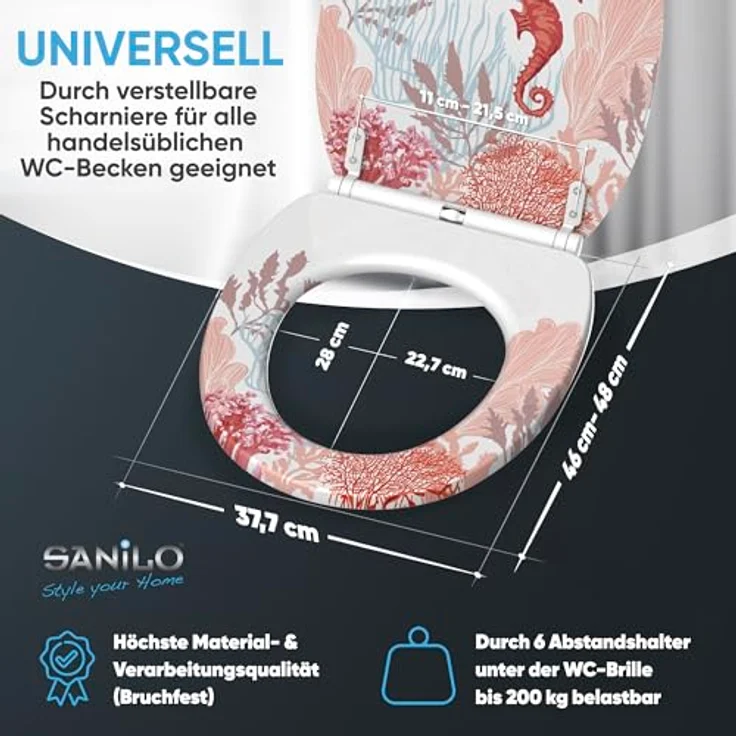 Sanilo WC Sitz Top Fix Sea Horse, bruchsicherer Holz-Toilettensitz mit Absenkautomatik, antibakterieller Beschichtung und einfachem Montagematerial – Bild 5