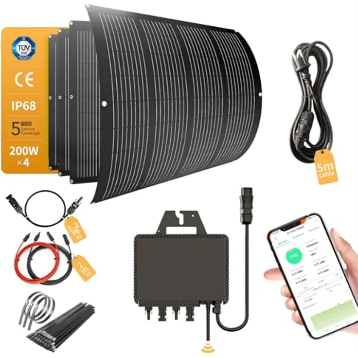 enjoy solar Balkonkraftwerk 800W_RC® MI2S-800D, Komplettset mit 4x200W flexiblen Solarmodulen, 5m AC Anschlusskabel, WLAN-Bluetooth Mikrowechselrichter und Edelstahlbander