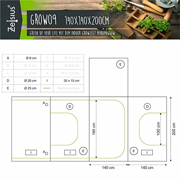 Zelsius Gewächshaus Grow Tent 140 x 140 x 200 cm grau/schwarz Pflanzenzucht Indoor – Bild 2