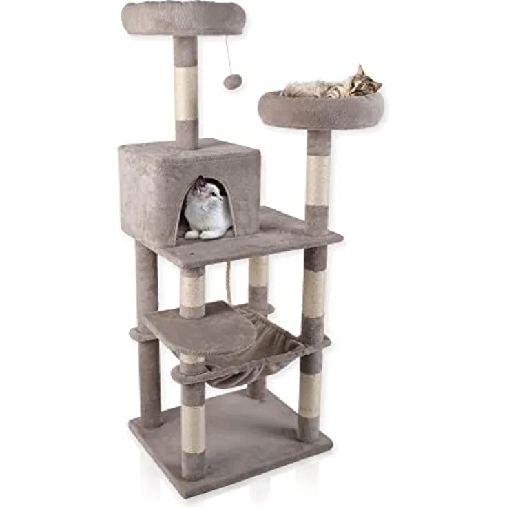 Lycce Kratzbaum groß ROYAL 145cm hoch [sehr stabil] mehrstöckiger Katzenbaum [platzsparend] mit Höhle, Hängematte, 4 Plattformen, Spielzeug, grau